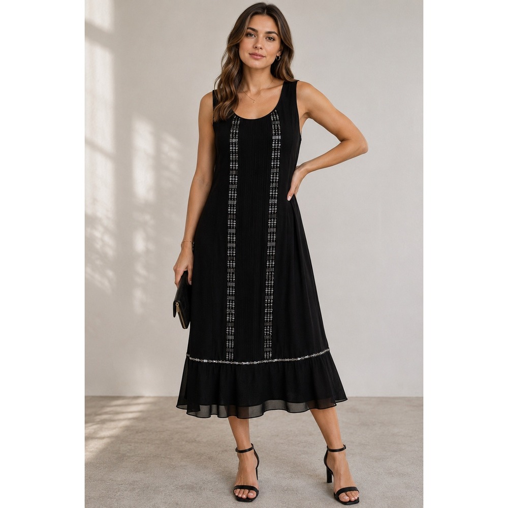 Dylan & Rose Black Beaded Sequin Sleeveless Shift Dress Chiffon Hem Womens M‎